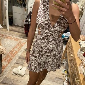 Brown and white polka dot cut out dress